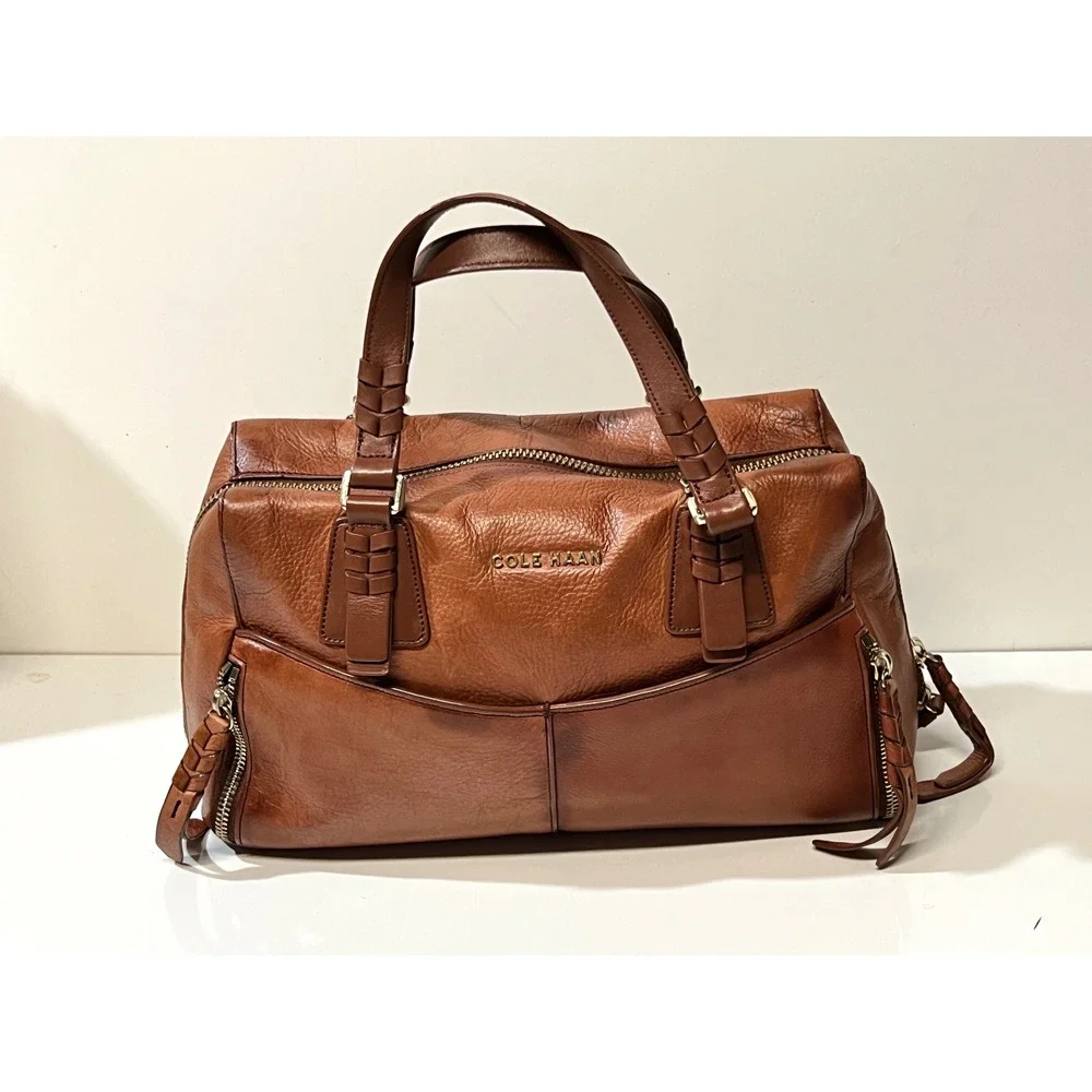 Cole Haan Cognac Leather Satchel Braided Handle Doctor Bag Brown Gold Hardware